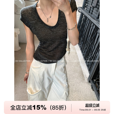 亚麻羊毛轻薄混色基础短袖上衣