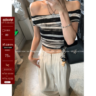 GV大白哥 晕染boho 黑白条纹一字肩抹胸漏肩亲肤松弛感短袖上衣女