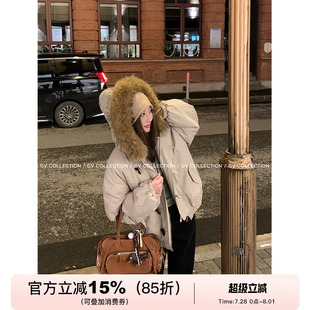 暖炉冬日 GV大白哥 设计感环保貉子毛领牛角扣棉服连帽保暖外套女