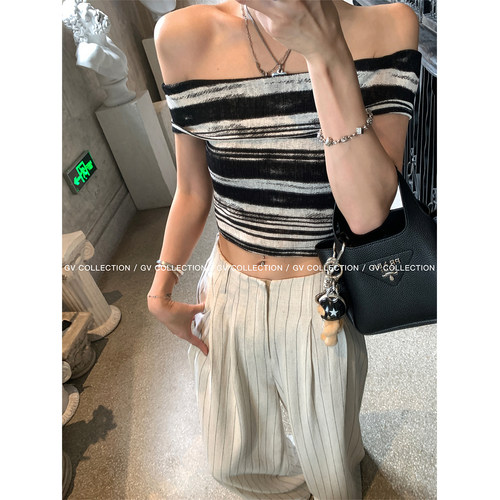 GV大白哥 晕染boho 黑白条纹一字肩抹胸漏肩亲肤松弛感短袖上衣女