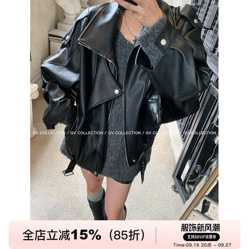 GV大白哥 独线匠心 质感J佳翻领廓形皮衣街头风简约外套上衣女
