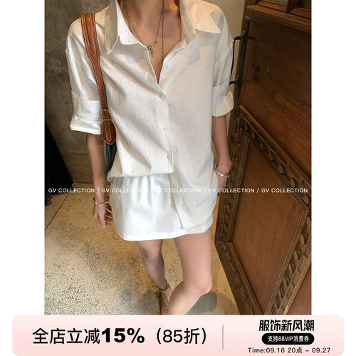 翻边中袖衬衫半身裙裙裤套装