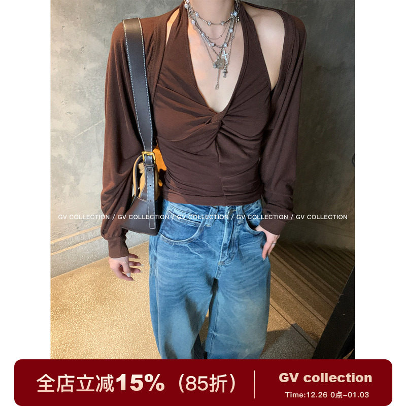 挂脖露背吊带开衫披肩两件套