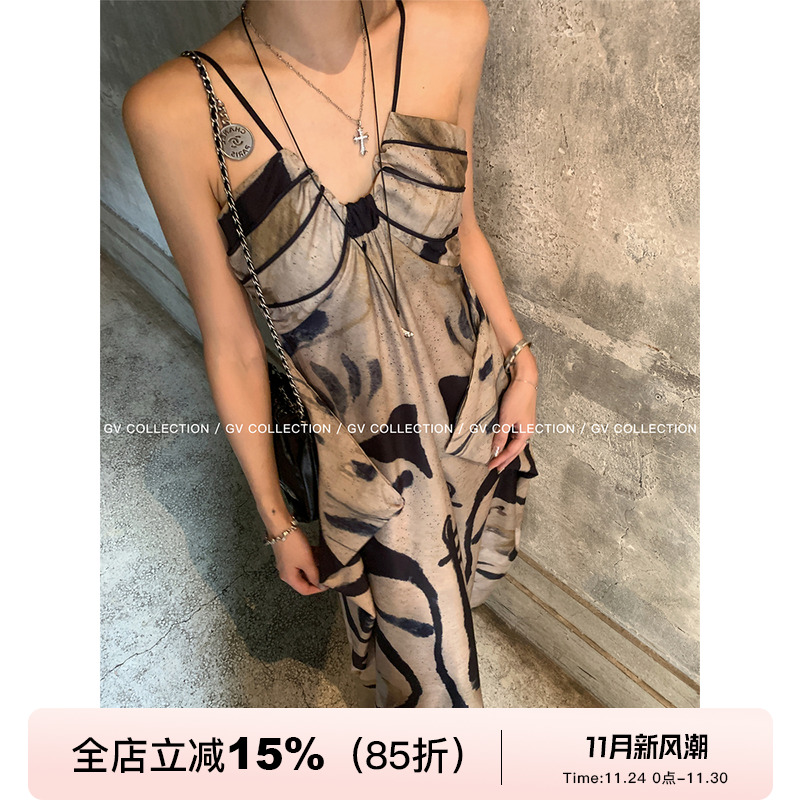 GV大白哥 中式油画 设计感国风晕染吊带连衣裙细肩带优雅长裙女