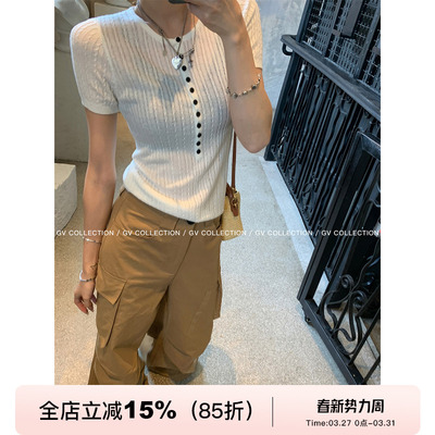 正肩螺纹羊毛莱赛尔针织纽扣上衣