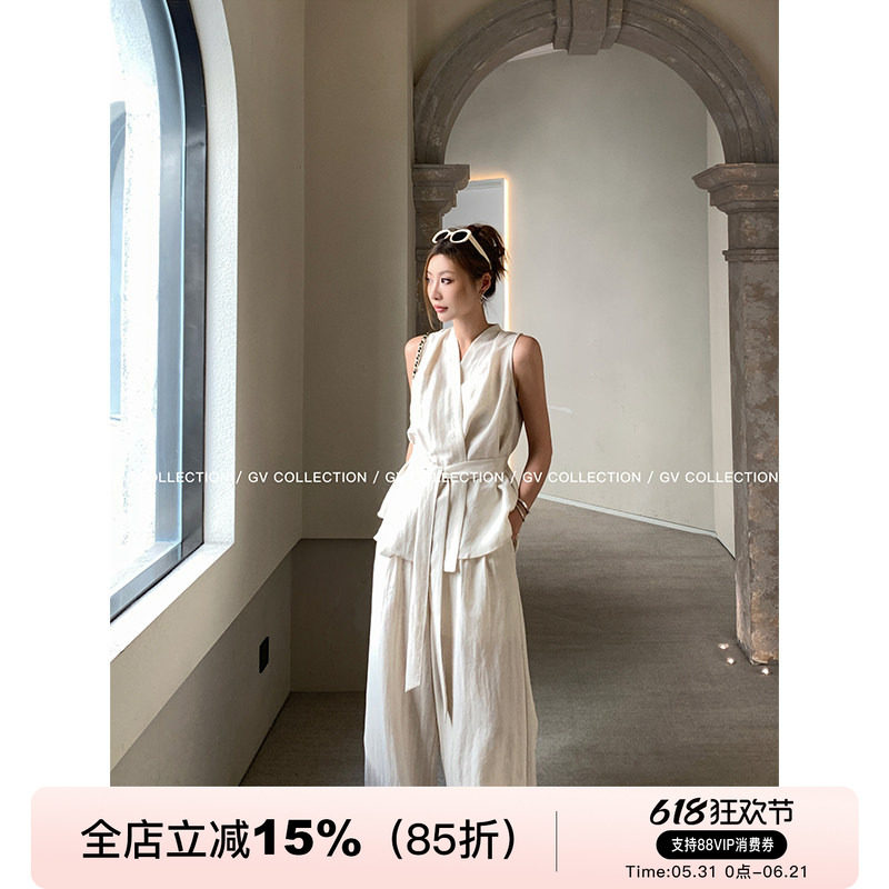 GV大白哥 cleanfit高智随性 收腰亚麻新中式上衣宽松阔腿裤套装女
