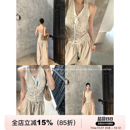 双层假两件系带蕾丝弹力上衣