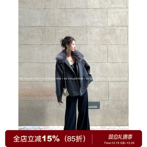 毛领可拆卸夹棉翻领立领呢子外套