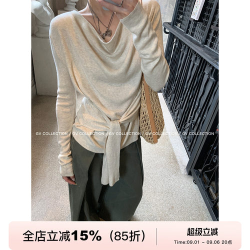 荡领松弛腰带收腰针织上衣