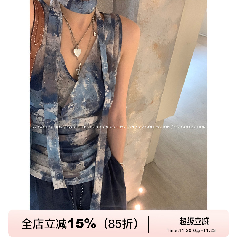 GV大白哥 晕染画廊 油画感V领网纱飘带背心休闲修身收腰上衣女