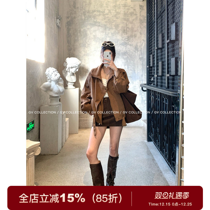 GV大白哥 焦糖秋日 翻领麂皮机车夹克外套秋季新款上衣女新款