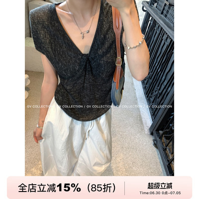 亚麻混色纽结松弛感短袖针织
