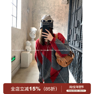 GV大白哥 英伦学院派 节日氛围感宽松套头V领毛衣A字半裙套装女冬