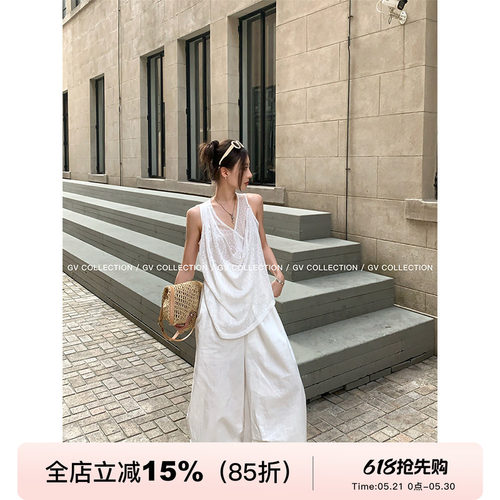 阔腿宽松褶皱白色休闲工装裤_