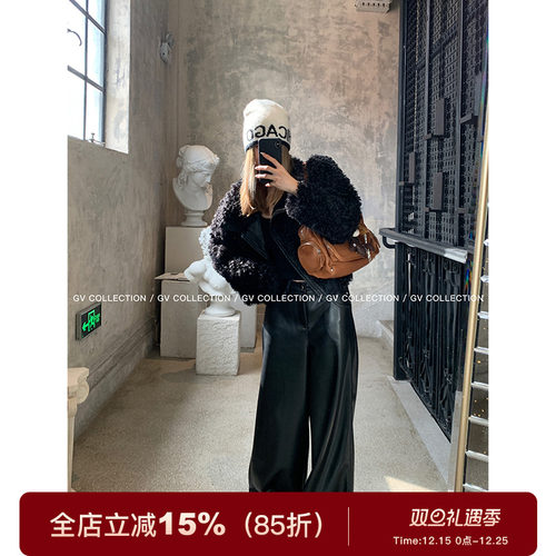 GV大白哥 复古质感 老钱系显瘦高腰宽松皮裤拖地阔腿休闲长裤女