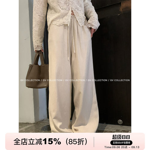 亚麻抽绳直筒松紧腰休闲裤