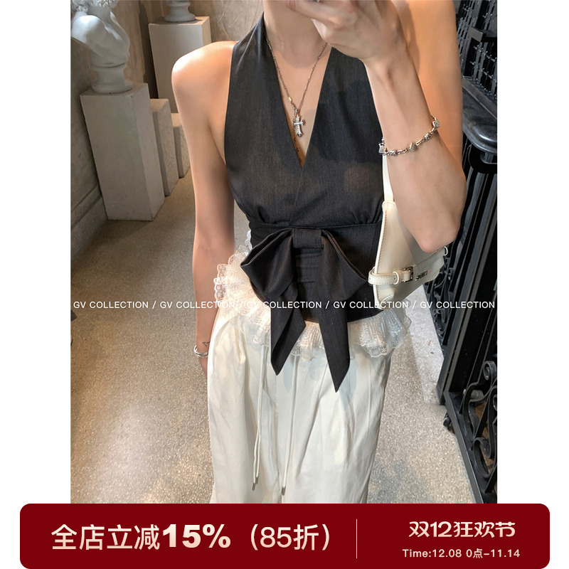 GV大白哥 Miu系调调 蝴蝶结蕾丝挂脖露背无袖上衣高智感通勤小衫