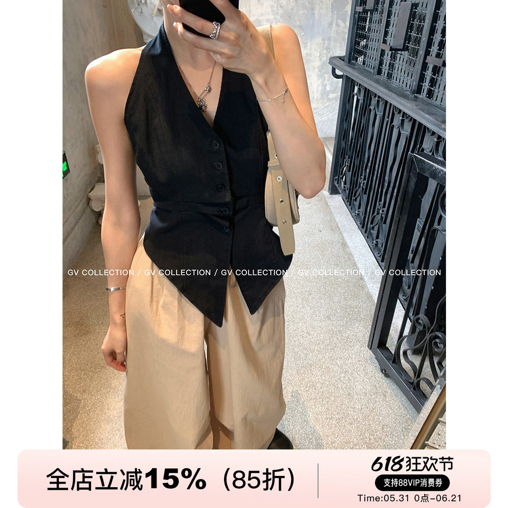 GV大白哥 气场制造机 亚麻棉感挂脖露背马甲背心牛仔无袖上衣女夏