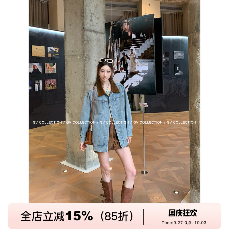 撞色拼接复古水洗牛仔外套