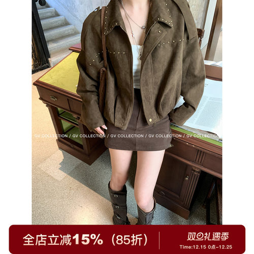 重工麂皮立体铆钉机车外套