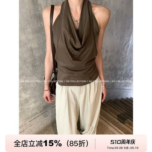 挂脖荡领假两件收腰背心