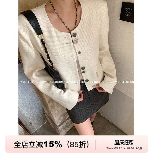 GV大白哥 精致主义 不规则立体扣圆领小香外套直筒廓形休闲上衣女