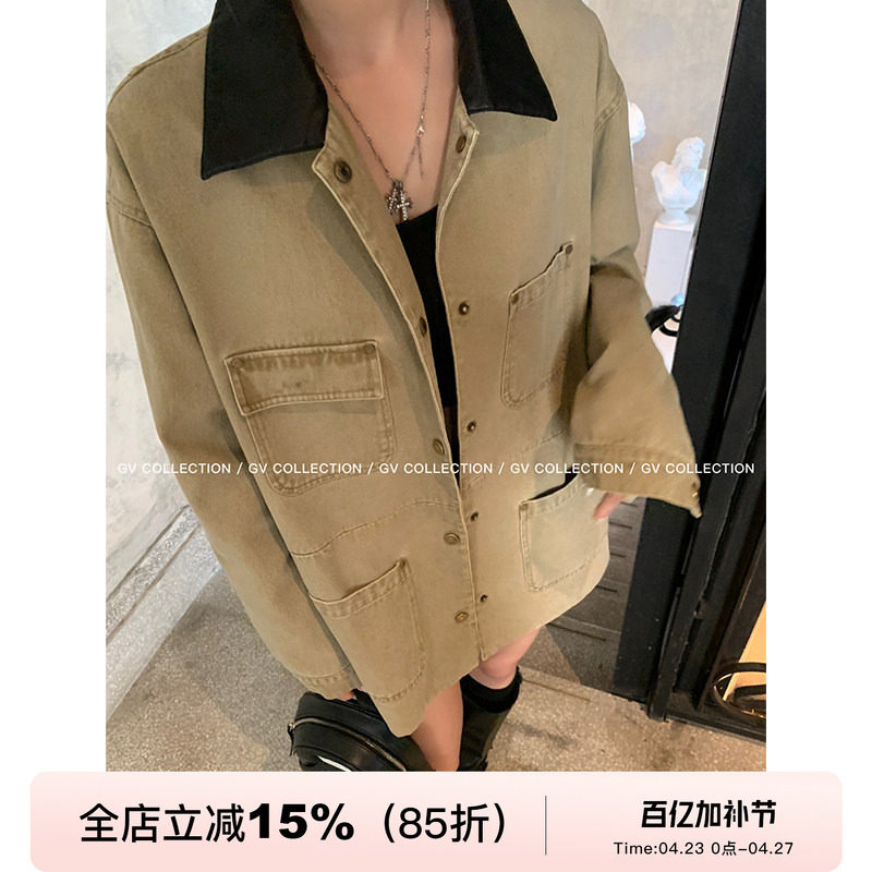 GV大白哥 重磅工装风 皮领撞色牛仔夹克外套街头风长袖上衣女春