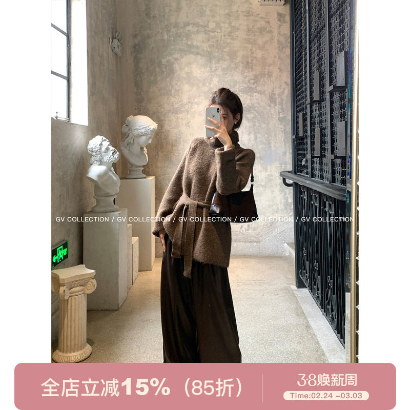 GV大白哥 老钱主线 羊毛高领腰带收腰毛衣上衣秋冬保暖新款上衣女
