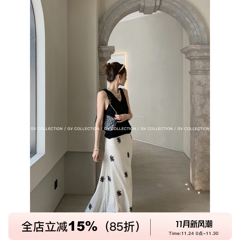 撞色刺绣蕾丝拼接半裙长裙