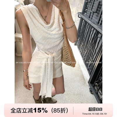 感荡领露肩两穿系带收腰上衣