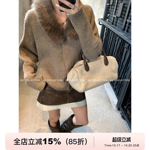 GV大白哥 绒绒奶霜 毛领拼接棒针针织毛衣开衫外套秋冬新款气质女