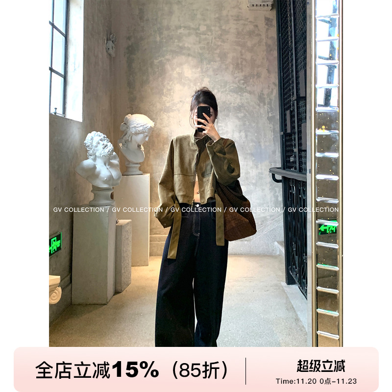 极简主义立领麂皮短款夹克上衣