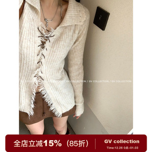 早秋穿搭上衣慵懒女 麂皮系带翻领复古针织开衫 GV大白哥 复古重塑