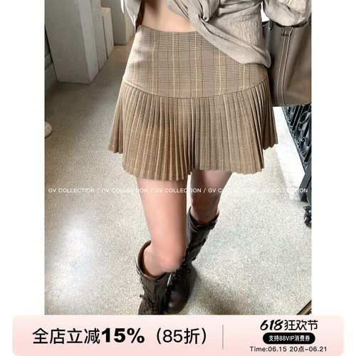 格纹拼接百褶防走光半身裙裙裤