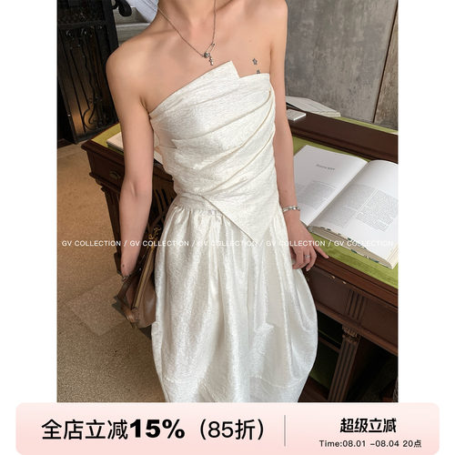 不规则褶皱抹胸花苞半身裙套装