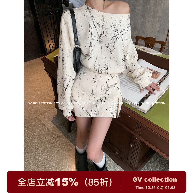 太空棉感混色上衣半身裙裤两件套