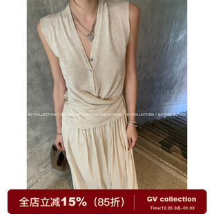 设计感小众新款 亚麻交叉设计背心半裙套装 质感素系 GV大白哥
