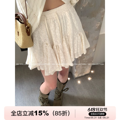 miu系蕾丝百褶弹力抽绳半身裙