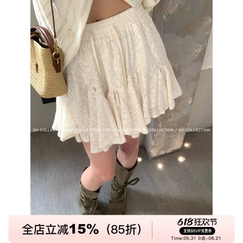 miu系蕾丝百褶弹力抽绳半身裙