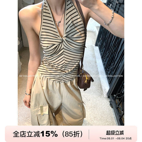 弹力挂脖露背莱赛尔纽结显瘦背心