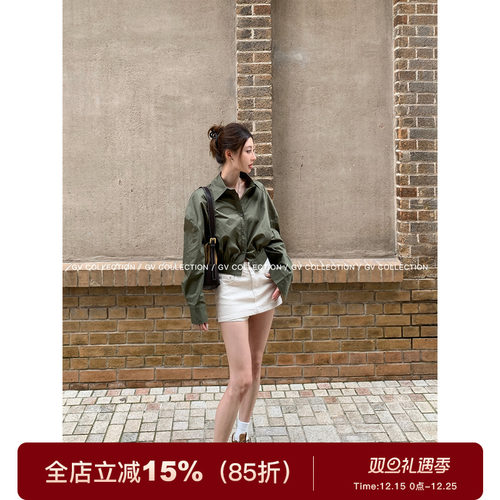 廓形设计感收腰军绿衬衫外套上衣