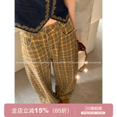 焦糖姜饼 裤 定染格子撞色阔腿休闲牛仔裤 新款 子 百搭春季 GV大白哥
