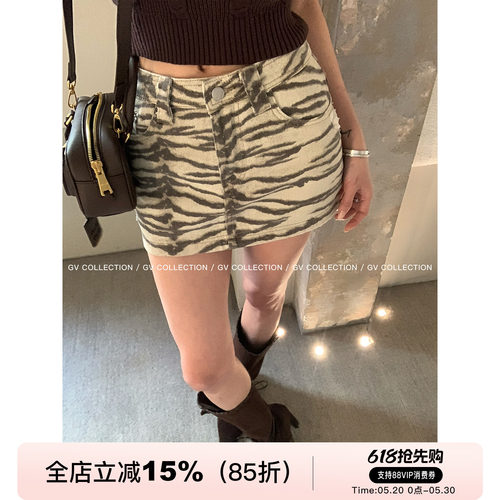 豹纹磨破牛仔半身裙防走光