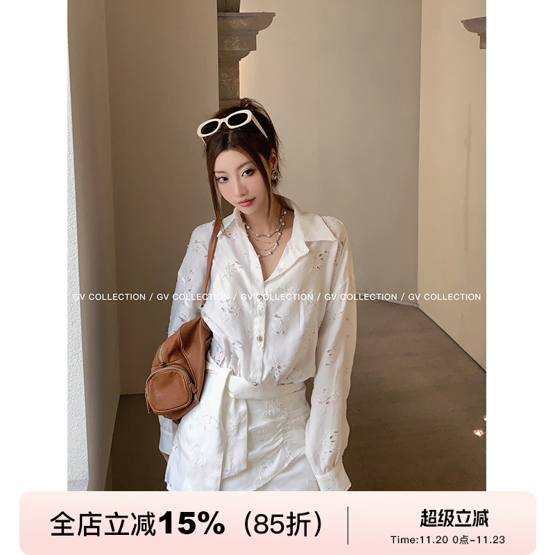 GV大白哥 南法庄园 解构重工镂空玫瑰收腰衬衫裙法式短连衣裙女