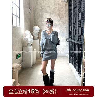 新款 GV大白哥 V领收腰含羊毛包臀连衣裙冬季 时髦度 裙子女 美式