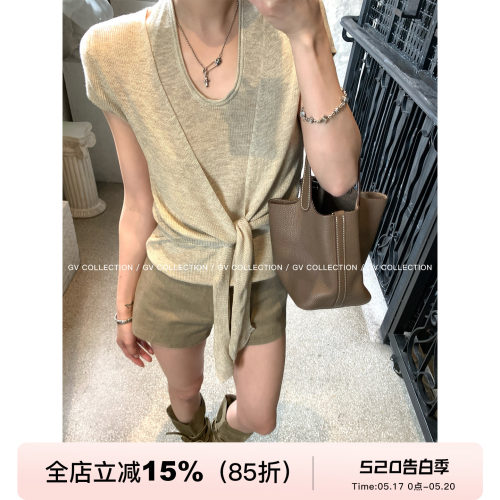 美丽诺羊毛假两件打结短袖上衣