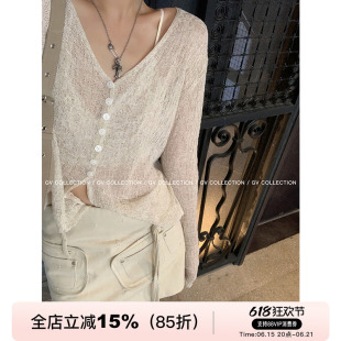 GV大白哥 透气清冷 天丝亚麻针织防晒镂空纽扣开衫微透V领上衣女