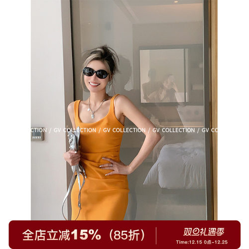 肯豆褶皱收腰弹力连衣裙