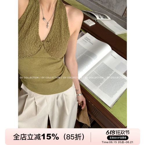 挂脖露背削肩收腰亚麻莱赛尔背心