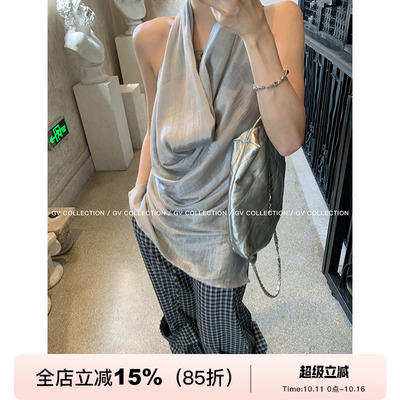 GV大白哥 雾纱冰川 高阶光泽感荡领露背上衣慵懒风无袖挂脖小衫女